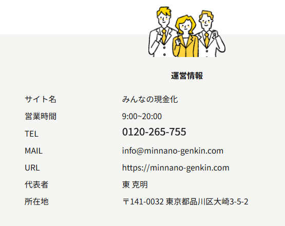 みんなの現金化公式LPの会社概要。運営責任者、所在地、電話番号、営業時間を掲載