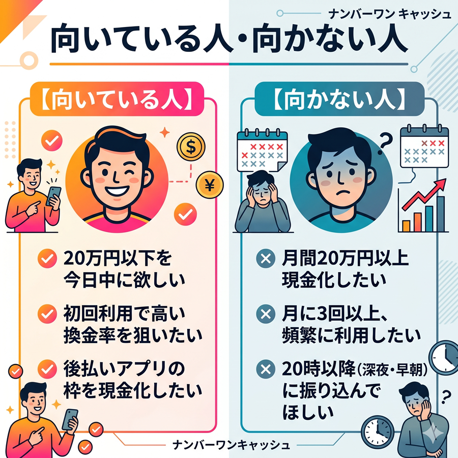 ナンバーワンキャッシュが向いている人と向かない人を対比図で解説。希望額や利用頻度、時間帯のニーズによる違いを整理