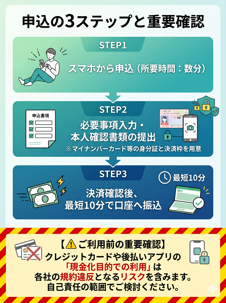 ナンバーワンキャッシュの申込手順3ステップと利用前の重要確認事項を図解。スマホ申込から本人確認、振込までの流れと規約に関する注意喚起